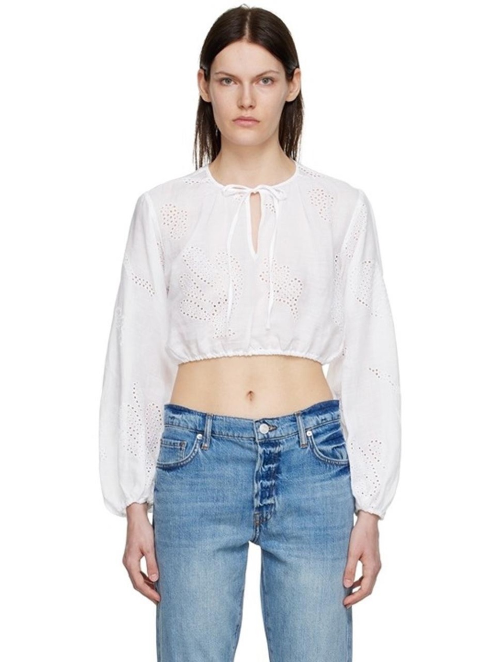 Frame Denim White Eyelet Tie-Neck Cropped Blouse